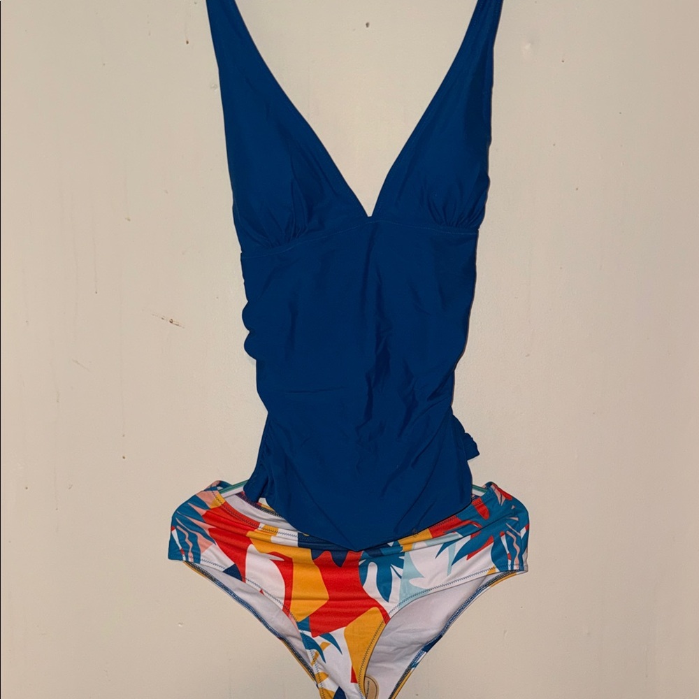 Deep Blue One-Piece Swimsuit with Colorful Printed Bottom